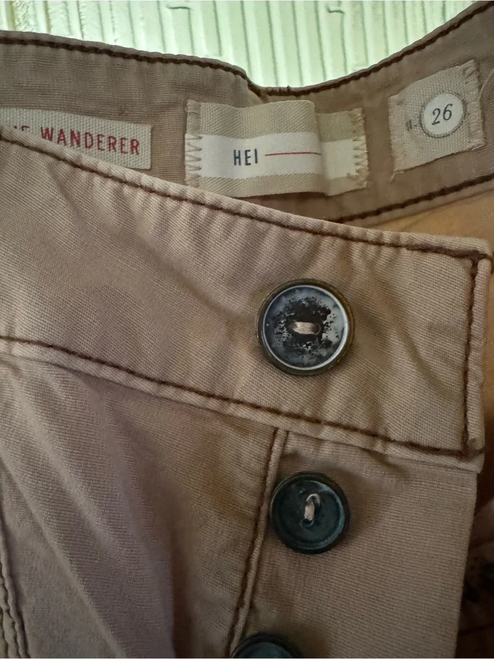 Anthropologie Pilcro Wanderer Pant.  Size 26, more like a 27. Khaki, button fly.
